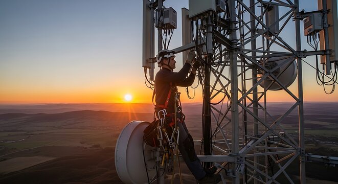 Telecommunication technician performs maintenance work high atop a cellular tower during sunset