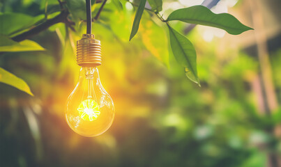 green energy concept lightbulb with green light, environmet, leaves