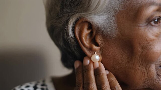 Close-up of elderly woman's earlobe with pearl earring