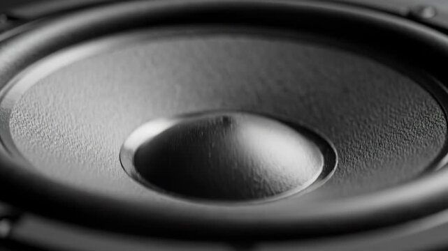 Close-up of a speaker cone vibrating with powerful bass sound, creating rhythmic waves.