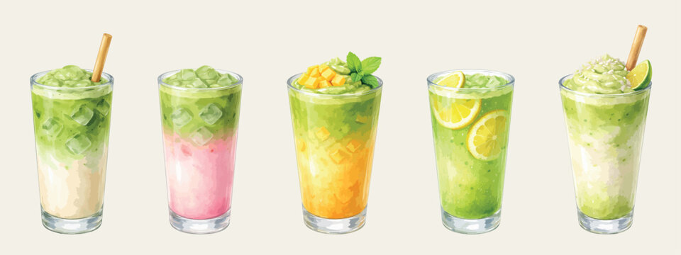 Matcha drinks watercolor set, isolated vector illustration