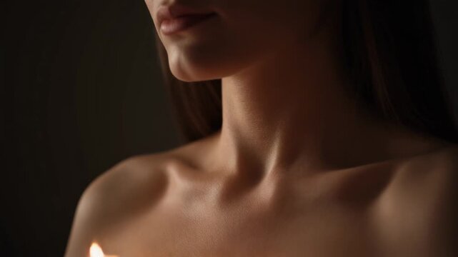 Woman's collarbone with gentle breathing and candlelight