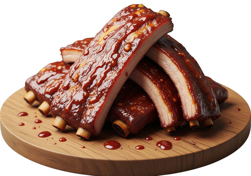 Succulent slow-cooked baby back ribs served on a rustic wooden platter with a savory glaze.