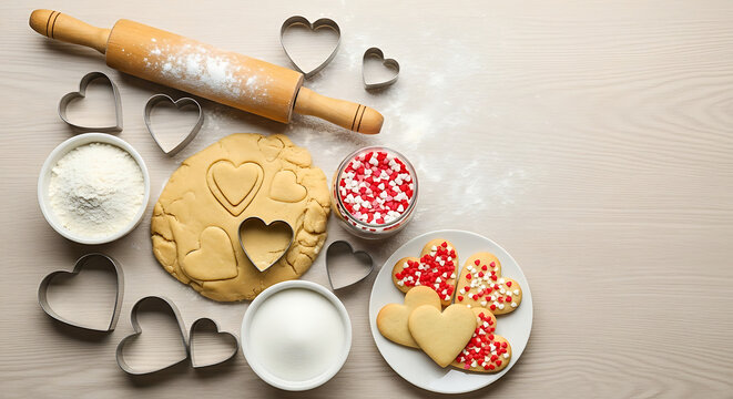 Baking Valentine's Heart Cookies with Dough and Sprinkles