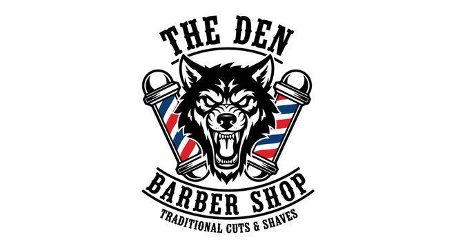 The Den Barbershop Logo with Aggressive Wolf Head and Barber Poles.