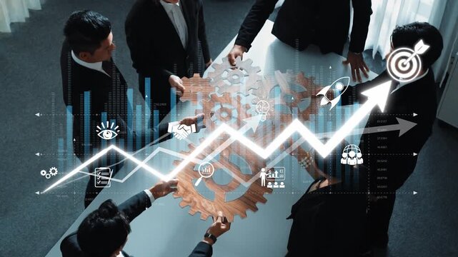 A professional team engaged in a strategy meeting at a modern workspace, focusing on collaboration and innovative problem-solving with growth visualizations. Raster