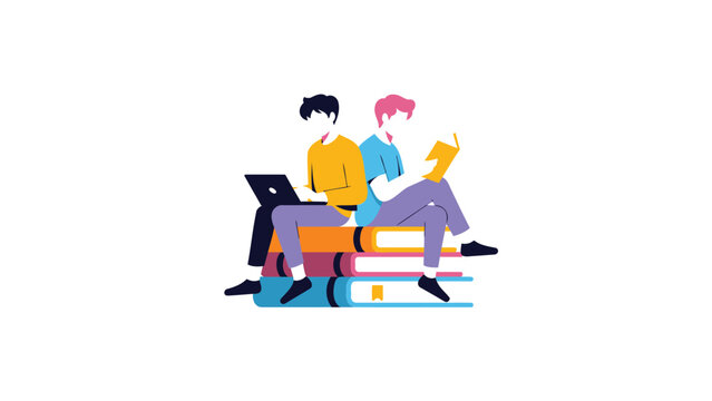 Two People Sitting on Stack of Books with Laptop and Tablet