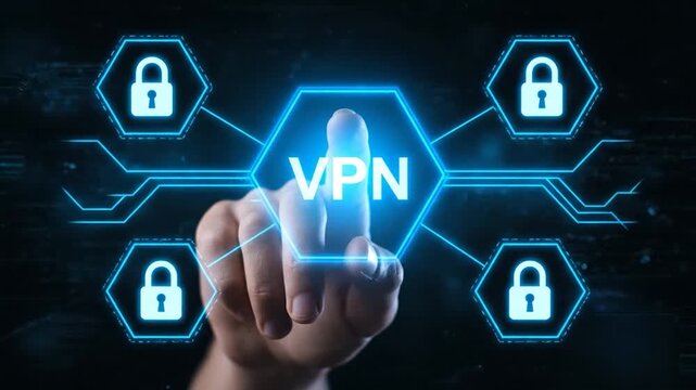 A hand touches a glowing hexagon marked "VPN" surrounded by locked icons against a blue backdrop