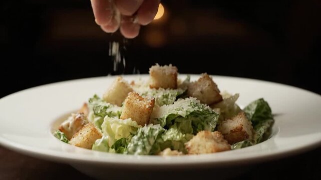 A hand sprinkles grated cheese over a Caesar salad. Croutons, lettuce, and dressing are visible