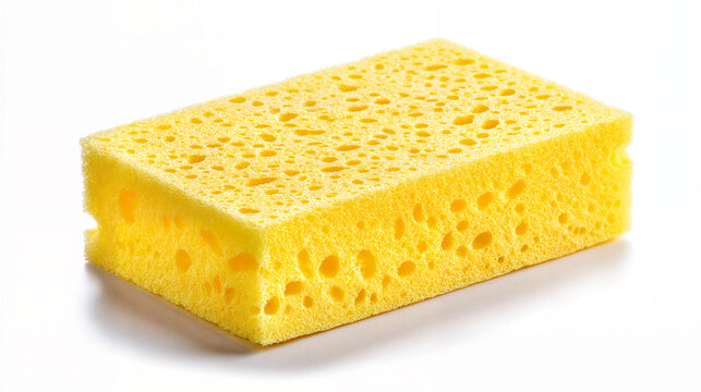 Yellow porous cleaning sponge with visible texture on white