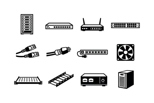 Data Center Icons. Data center infrastructure in linear style: server rack, network switch, network router, patch panel, ethernet cable, fiber optic cable