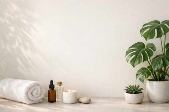 Relaxation space for self-care with towels and plants in a calm setting during the day