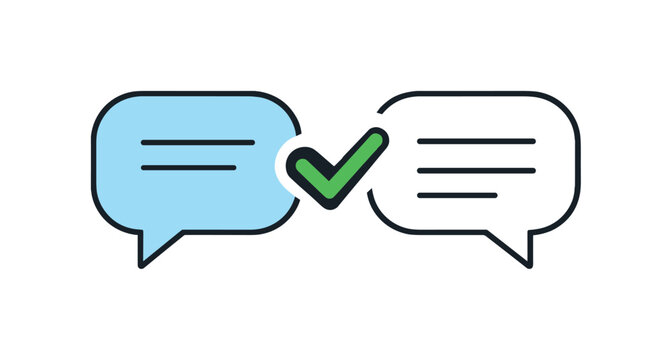 Clear internal communication and alignment in professional teamwork settings emphasizing transparency, two speech bubbles connected by a checkmark symbolizing