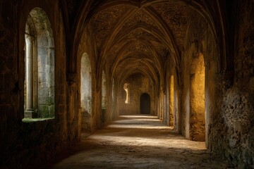 Fototapeta premium Historic Stone Corridor with Archways and Exterior Light in a Portuguese Castle