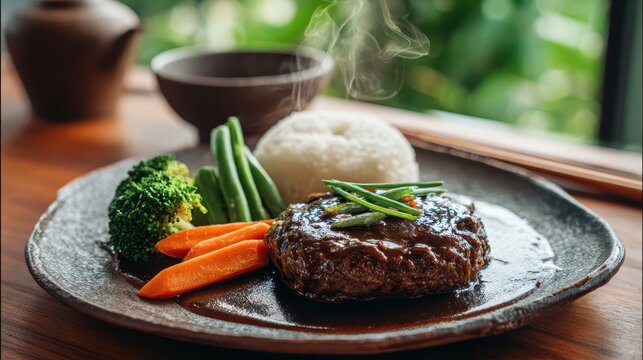 Homestyle Hambagu: Japanese Beef Patty Served with Rice and Fresh Vegetables in a Cozy Kitchen