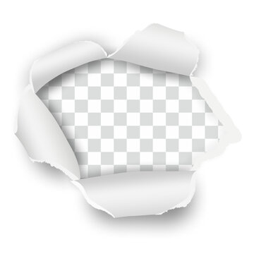 Realistic ripped hole in a white sheet of paper with curled edges.