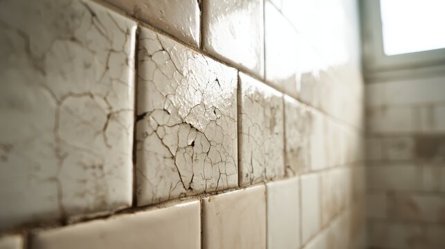 Interior bathroom wall with cracked ceramic tiles and signs of leakage