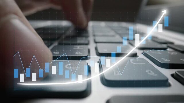 A close-up view of a finger pressing a key on a laptop keyboard, overlaid with a dynamic rising graph, representing financial growth and business success. Copula