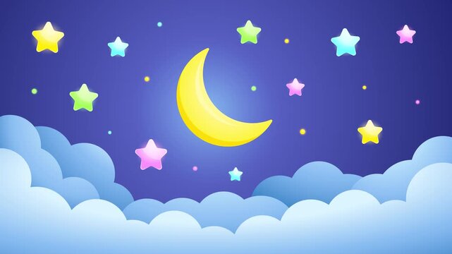 4K looping animation of a cute night sky with soft clouds, colorful stars, and a crescent moon. Adorable lullaby-themed video for children