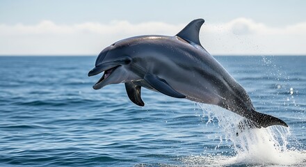 Fototapeta premium Marine mammal leaps high above ocean surface creating significant water splash