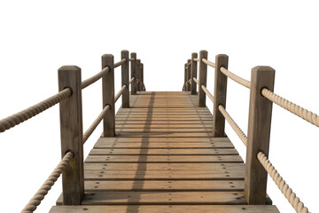 Fototapeta premium Wooden rope bridge walkway extending forward with weathered posts and planks, isolated on transparent background
