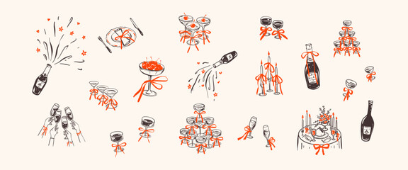 Obraz premium Elegant party champagne glasses and cocktail drinks in whimsical hand drawn la dolce vita doodle style. Crayon design element set for celebrations, weddings, bachelorette party, restaurant, bar menu