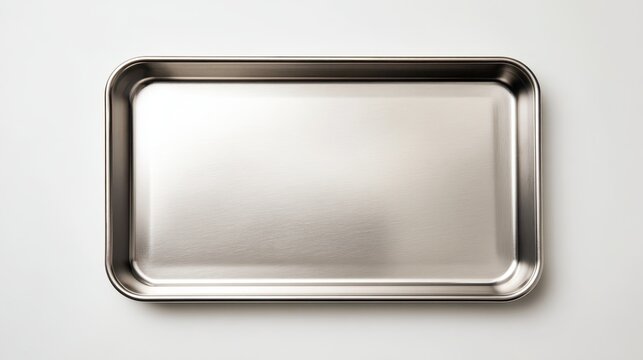 Isolated stainless steel baking sheet on a clean white backdrop for kitchenware product photography