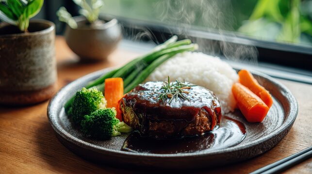 Japanese-style Hambagu Steak on Ceramic Plate with Rice and Demi-Glace