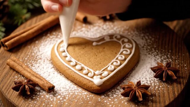 A heart-shaped gingerbread cookie is being decorated with icing on a wooden board with spices