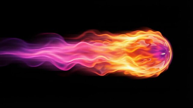 Fiery orb accelerating with trailing flames in motion blur sequence. Tracking shot animation of glowing fireball streaking rightward. Digital fire effect for visual media and animation projects.