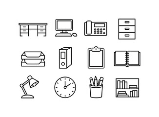 Retail ecosystem management workspace in linear style: office desk, desktop computer, desk phone, filing cabinet, document tray, binder, clipboard, notebook