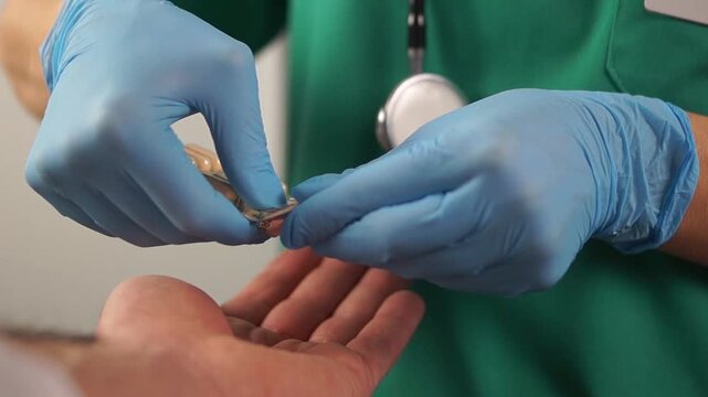 A medical professional in blue gloves dispenses capsule medication to a patient, emphasizing prescription adherence and patient care.