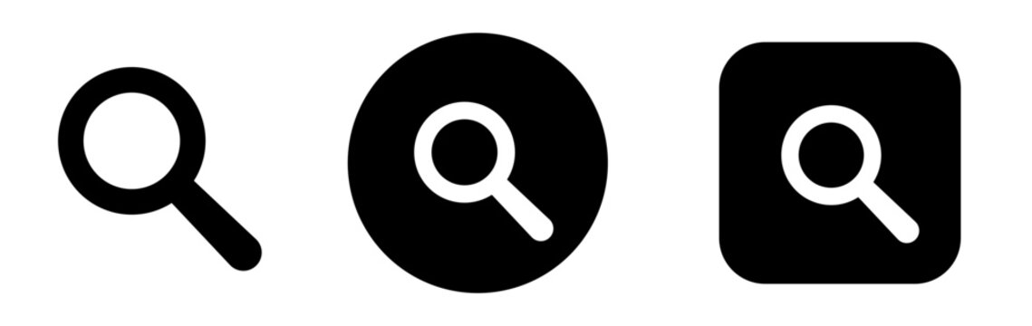 Search magnifying glass icon set for find and lookup actions in circle and rounded square button. Magnifier glass solid UI icons for apps, websites and dashboards.