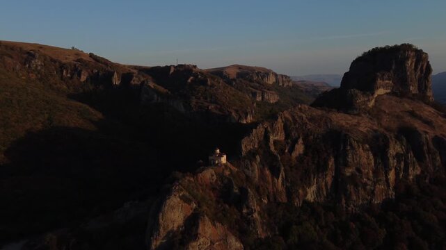 The Shoani Temple is a Christian cathedral belonging to the historical Alanian diocese, built in the late 10th century, located in the territory of modern-day Karachay-Cherkessia, as seen from a drone