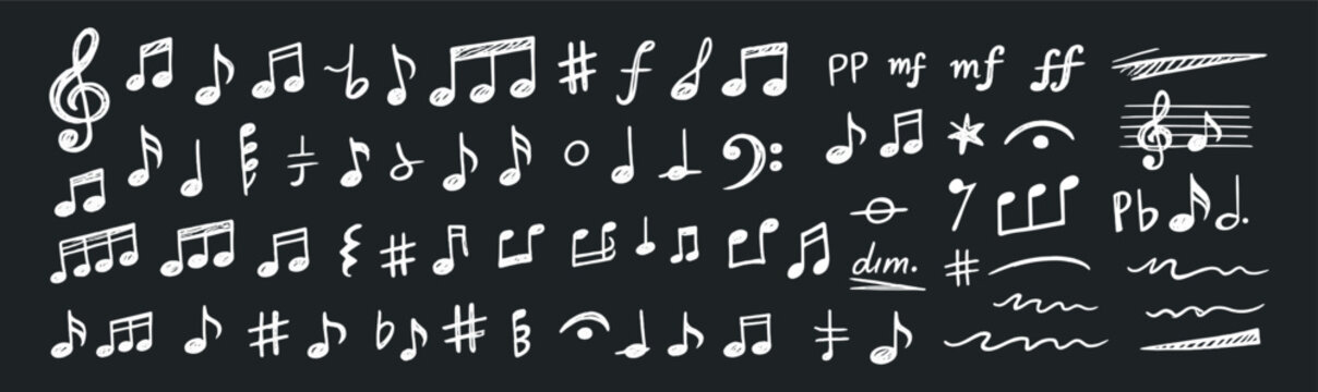 Hand drawn musical notes and symbols doodle sketch vector illustration set