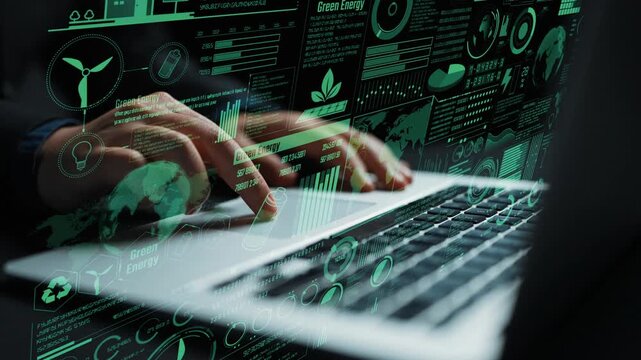 Explore the dynamic intersection of technology and green energy through this digital artwork showcasing hands typing data related to sustainable solutions and efficient practices. Cipher