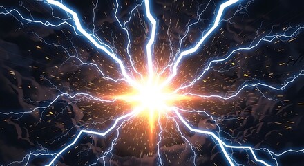 Electric blue lightning bolts radiate from vibrant orange explosion in dark stormy sky