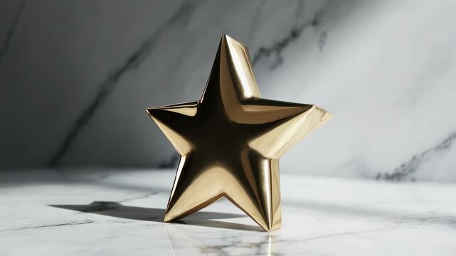 Golden star trophy symbolizing triumph, accomplishment, exceptional merit, and prize-winning placed on a white marble surface.