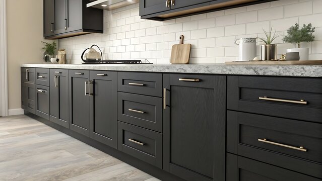 Modern dark gray kitchen cabinets with white subway tile backsplash