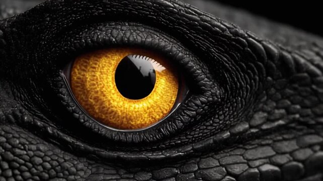 A close-up view of a reptile eye, showcasing a vivid yellow iris surrounded by textured black scales