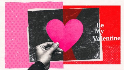 Mixed media Valentine's Day design with halftone hand and heart
