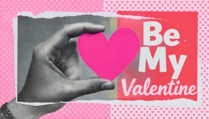 Contemporary pop-art collage for Valentine's Day with pink heart