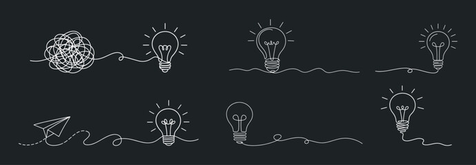 Continuous line light bulb idea concept set, hand drawn doodle vector illustration