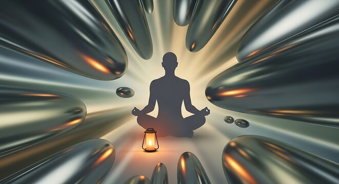 Zen meditation and inner peace in a futuristic, abstract, and luminous environment