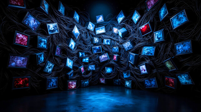 A room filled with lots of different colored televisions