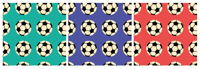 Fototapeta premium Soccer ball seamless pattern set on colorful backgrounds. Football icon repeat texture collection. Sports game surface concept for design and print.