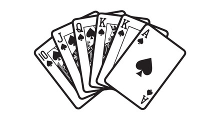 Black and white illustration of a royal flush playing cards with spades suit, isolated on Transparent Background for design and gaming concepts.