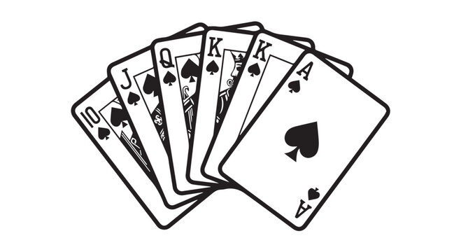 Black and white illustration of a royal flush playing cards with spades suit, isolated on Transparent Background for design and gaming concepts.