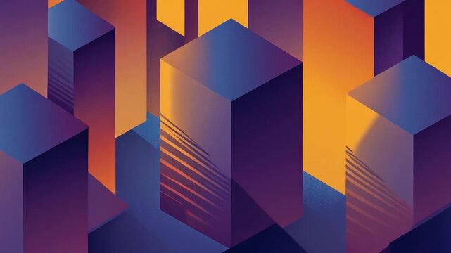 A geometric abstract image depicting layered, multi-colored cubes and linear rectangular forms