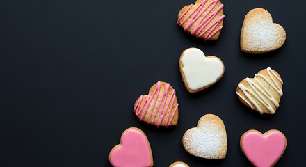 Obraz premium Heart cookies with pink and white icing on dark background
